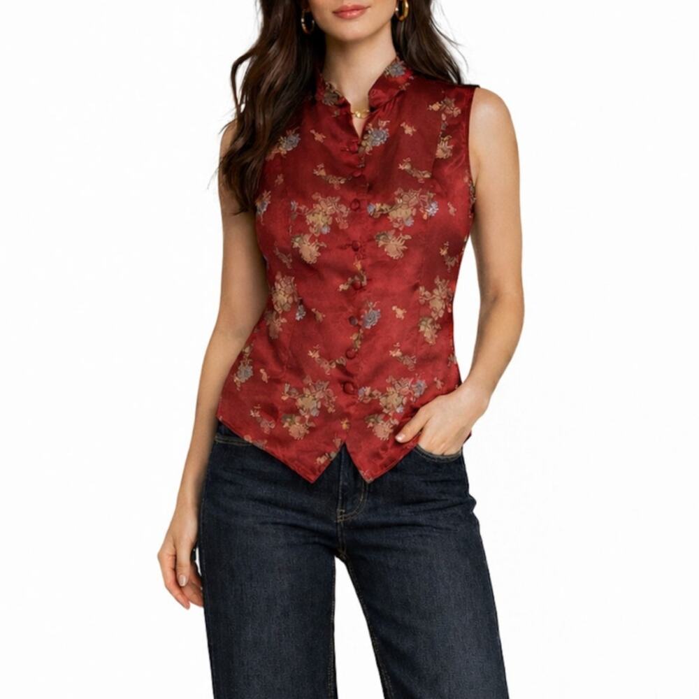1980s Vintage Red Satin Brocade Floral Sleeveless Vest Blouse Small Lace Up Back